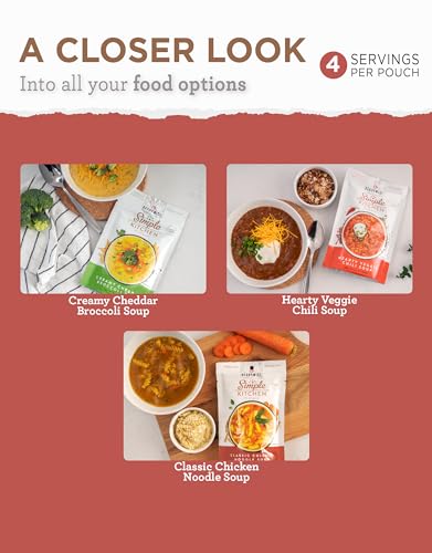 Image of READYWISE - Simple Kitchen, Soup Variety Pack, 4 Resealable Pouches, 16 Servings, Chicken Noodle Soup, MRE, Survival Food, Hiking, Camping & Backpacking Meals, Soup