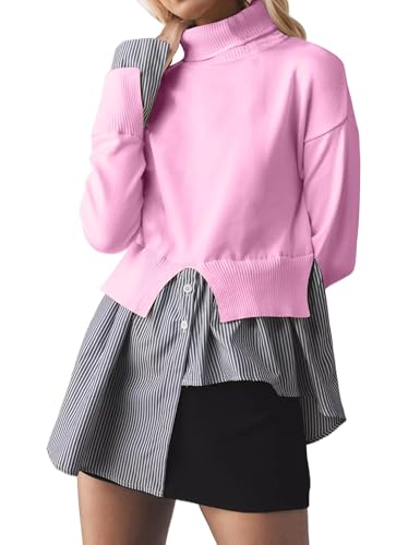 Image of Women Asymmetrical Patchwork Sweaters Slit Turtleneck Pullover Sweater Dress 2 in 1 Sweater Shirt Tunic Sweater Tops