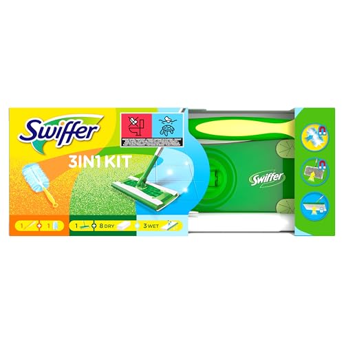 Swiffer Kit Complet de Nettoyage: Balai Attrape-Poussière (1 Balai, 8 Lingettes Sèches, 3 Lingettes Humides) et Plumeau (1 Manche et 1 Recharge), Tête...