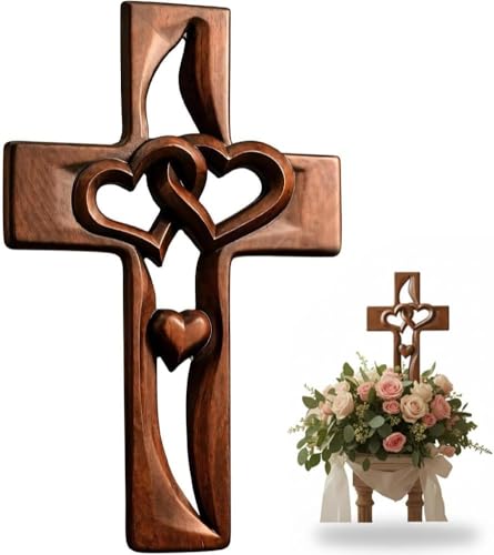 Croix en bois faite à la main avec cœurs entrelacés, décoration murale en bois sculpté à la main, croix de mariage symbole d'amour sacré pour Noël, mariage, Saint-Valentin (1 pièce)