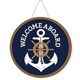 MOTERMATE Nautical Welcome Aboard Anchor Sign, 12x12 Inch Round Wooden Wall Decor