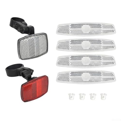 Besttoolifes Kit de reflectores delanteros y traseros para bicicleta y scooter, reflectores de seguridad de plástico ABS, 53 x 35 mm, rojo y plateado, incluye 4 reflectores en forma de pez