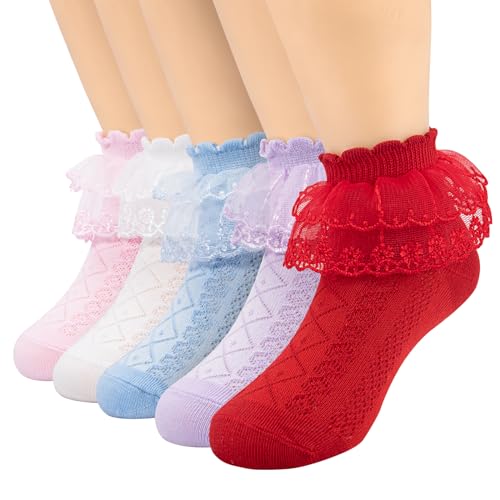Meeshine 5 Pairs Baby Toddler Girls Ruffle Lace Socks Eyelet Frilly Mesh Cotton Princess Dress Ankle Socks for 2-9T