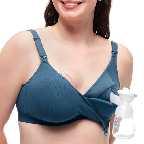 Momcozy Hands-Free Pumping Bra, Wireless & Seamless Breast Pump Bra, Breathable Tencel™ Fabric & Fully Fixed Cups Nordic Blue
