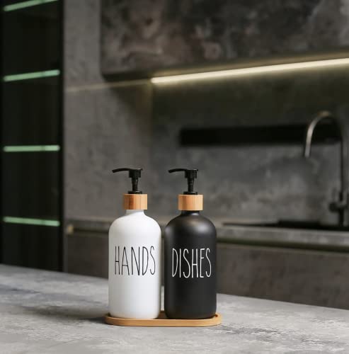 Beautiful Kitchen Hand and Dish Soap Dispenser Set with Wooden Base | Dispenses Dishsoap and Hand Wash Liquid | Black Fortified Glass Bottles with Pump | Refillable | Stylish Black White - Cosy Home Interiors Beautiful Kitchen Hand and Dish Soap Dispenser Set with Wooden Base | Dispenses Dishsoap and Hand Wash Liquid | Black Fortified Glass Bottles with Pump | Refillable | Stylish Black White - Image 5
