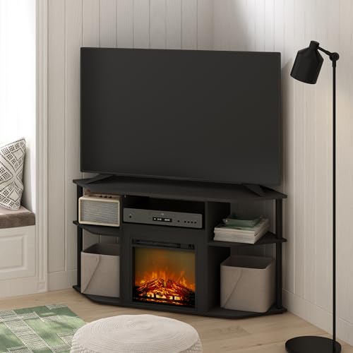 Image of Furinno Jensen Fireplace TV Stand, Corner Entertainment Center, TV Console for TV up to 55 Inch with Fireplace, Plastic Poles and Open Storage, for Living Room, Bedroom, Americano