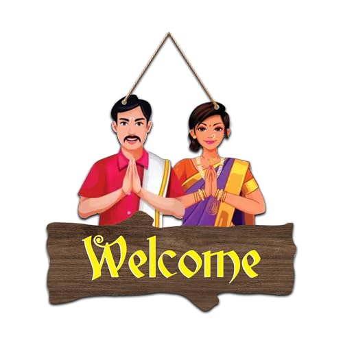 Image of Decor Smart Wooden Wall Hanging | Traditional Welcome Plaque | Home Decor Accent | Decorative Wall Art with Indian Couple Design | Decoration for Living Room | Bedroom & Hall | Restaurant (DWA 8701)