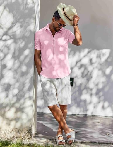 Image of COOFANDY Men's Button Down Short Sleeve Shirt Casual Cotton Summer Beach Wedding Linen Shirts with Pocket