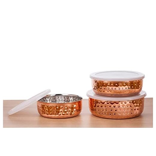 SIGNORA WARE Signoraware Food Storage Bowls - Copper Plated Stainless Steel Stackable Storage Bowl Set with airtight Lids, 3 pc Multi Size Set