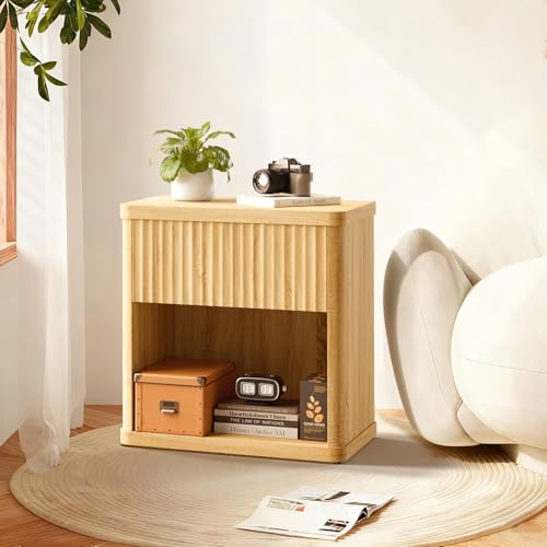 Image of Fluted Night Stand Set 2, Large Wood Bedside Table Set of 2 with Drawer and Storage Shelf for Bedroom, Small Spaces
