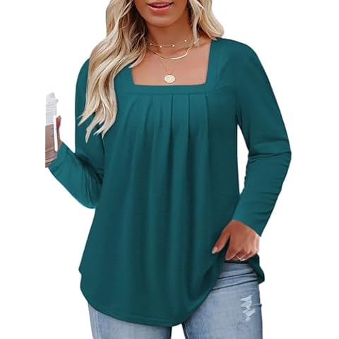 VOGRACE Plus Size Long Sleeve Tops Dressy Square Neck Tunics Casual Pleated T Shirts Work Trendy Tees 4XL Peacock Blue Cover