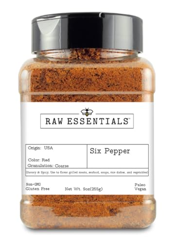 Raw Essentials Six Pepper â€“ Savory & Spicy â€“ Perfect for Grilled Meats, Seafood, Soups, Rice Dishes & Vegetables â€“ Non-GMO, Gluten Free, Vegan, Paleo â€“ 9 Ounce Bottle