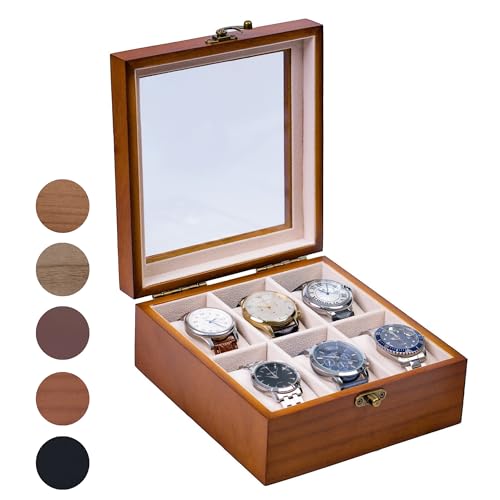 Image of Watch Box, Watch Case for Men Women with Large Glass Lid, Wooden Watch Display Storage Box with 6 - Slots, Classic Walnut 6x2 Mens Watch Box Organizer