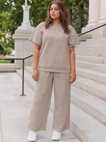 UOUA Womens Plus Size Sweatsuit 2 Piece Outfits Summer Short Sleeve Tops Wide Leg Pants Tracksuit Lounge Sets2