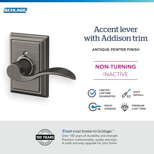 Image of SCHLAGE Accent Lever with Addison Trim Non-Turning Lock in Antique Pewter - Right Handed - F170 ACC 620 ADD RH