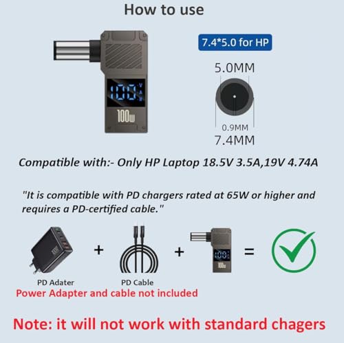 Image of Tobo USB C to 7.4mm Laptop Charging Adapter Female Type C to Male DC 7.4 x 5.0mm HP Jack Plug Converter 100W PD Power Charger Connector TD-1264CC