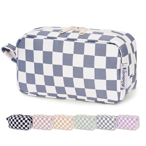 Image of Narwey Small Checkered Makeup Bag for Purse Travel Makeup Pouch Mini Cosmetic Bag Zipper Pouch for Women (Grayish Blue Checkerboard, Small)