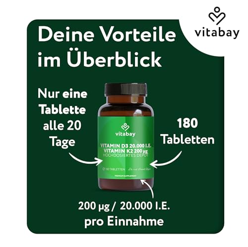 Vitabay Vitamin D3 + K2 Depot – 180 vegane Tabletten – hochdosiert – 20.000 IE Premium Vitamin D3 mit K2-MK7 All-Trans – ohne Zusätze – vegan & laborgeprüft in Deutschland – Vorrat für lange Zeit