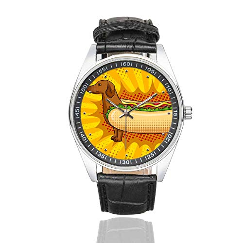 InterestPrint Hot Dog Funny Metaphor Men's Fasion Watches Black Leather Band Waterproof Wrist Watch