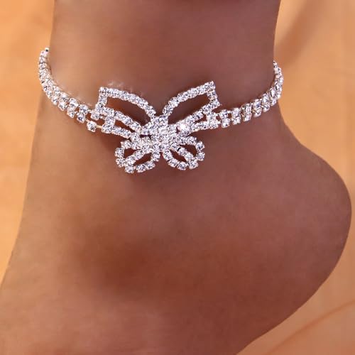 Image of Fesciory Silver Ankle Bracelets for Women, Adjustable Rhinestone Pendant Tennis Anklet, Butterfly Heart Infinite Diamond Summer Beach Foot Chain Jewelry Gifts