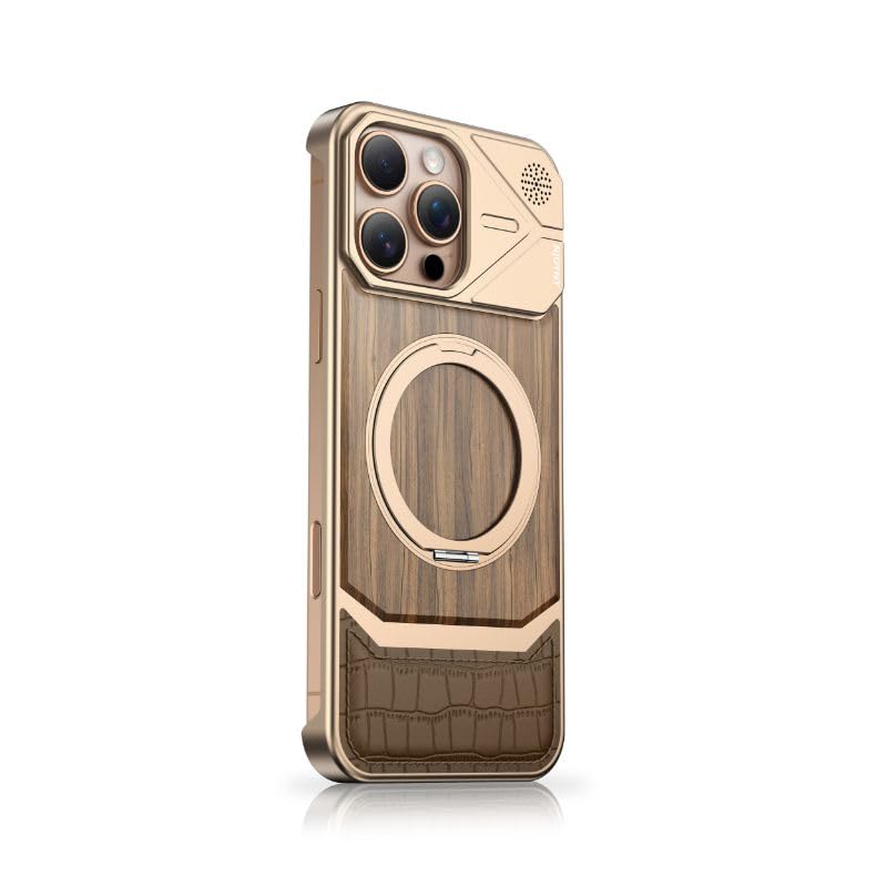 Image of Bezel-Less Slim Natural Wood & Aluminum Case Compatible with iPhone 16 Pro with Magnetic Ring |Heavy Duty Shockproof Phone Wooden Case - Desert Titanium