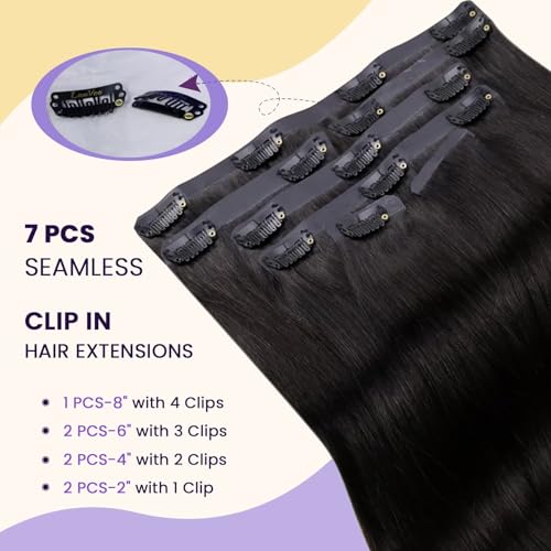 Image of LaaVoo Seamless Clip in Hair Extensions Human Hair Black Clip in Human Hair Extensions Invisible PU Weft Human Hair Clip ins Extension Full Head 16 Inch 7pcs /110g