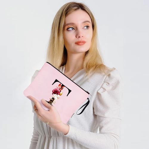 Image of Vavabox A-Z Personalized Makeup Bag, Birthday Gifts for Women Mom, Gifts for Best Friend, Bride Bridesmaid Cosmetic bag (T, Pink)