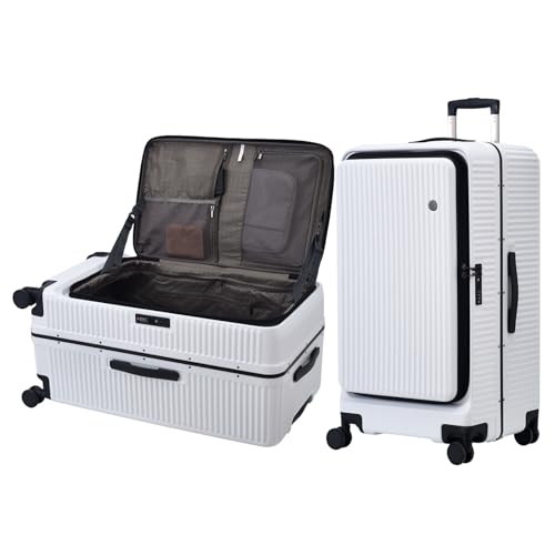 29 Inch Aluminum Checked Luggage with Side Opening Zipper, 40 * 37 * 77cm, 113L, Lightweight Hardshell ABS+PC Suitcase with TSA Lock, 360° Universal Wheels, White2