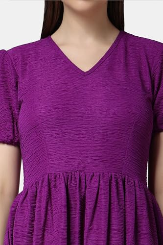 Image of POPWINGS Casual Self Crush Design Solid Knee Length Blouson Peplum Dress for Women || Stylish Summer Dress for Women || Knee-Length Dress for Women || V-Neck Dresses for Women