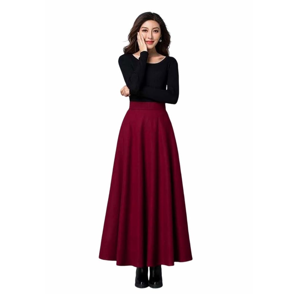 スカート 秋冬 ハイウエスト フレアスカート ロング 冬 黒 スカート ウエスト 伸ばす 大きいサイズ マキシスカート ウール調 マキシ丈 ウールタッチ スカート レディース aライン フレア