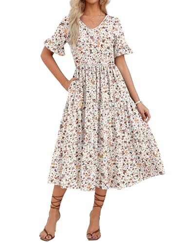 Zeagoo Women's Summer Casual Midi Dress Spring Ruffle Sleeve V Neck A-line Flowy Boho Floral Dresses