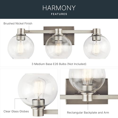 Image of Kichler Harmony 24.5 inch Vanity Light in Brushed Nickel, 3-Light Traditional Bathroom Vanity with Clear Glass, (24.5 inch W x 8.25 inch H), 45894NI