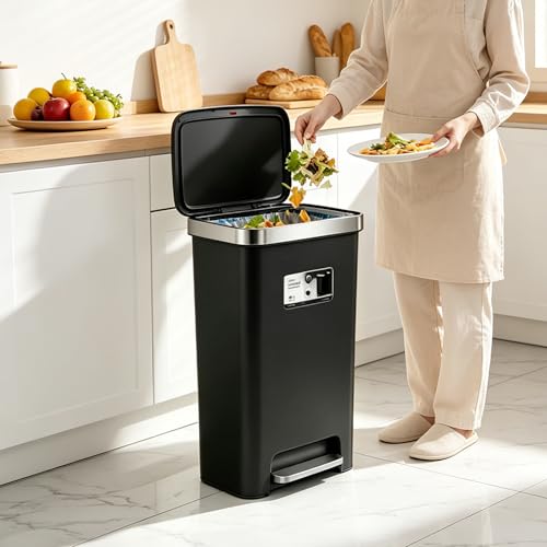 Image of Trash Can with lid, 12 Gallon Slim Tall Garbage Can,Black | Kitchen Trash Bin Step-on with Lid, Plastic Black Garbage Can with Stainless Steel Rim for Bathroom,Living room,Bedroom,Yard,