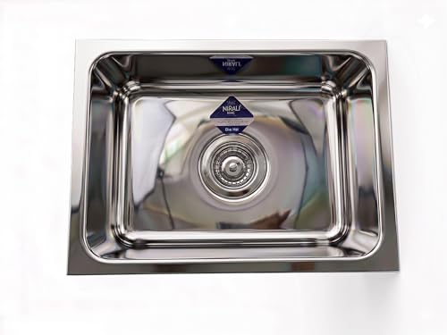 Image of NIRALI Kitchen Sink 27x21x10 Inch 304 Stainless Steel | Single bowl Sink Round Coupling | Rust & Stain Resistant | Glossy Finish | Minimizes Sound Orbis Sink (Glossy, 27 inch x 21 inch x 10 inch)