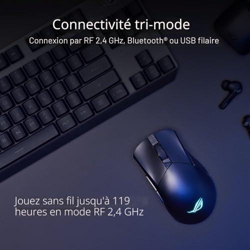 ASUS ROG GLADIUS III WIRELESS AimPoint – Souris gaming (Connectivité tri-mode : 2.4GHz RF / Bluetooth / fillaire, capteur optique 36000 dpi, 6 boutons programmables, switches interchangeable)