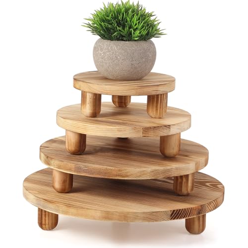 Sintuff 4 Pack Mini Wooden Plant Stool Display Wood Cake Stand 12/10/8/6 Inch Round Plant Risers Holder for Flower Pot Wooden Stool Indoor Outdoor Wood Stand(Wood Color)