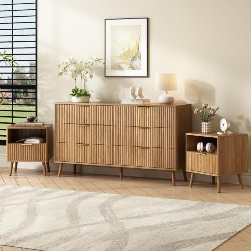CARPETNAL Fluted Dresser and Nightstand Sets for Bedroom, 3 Pcs Bedroom Set, 6-Drawer Dresser & 1-Drawer Nightstand Set of 2, Modern Wooden Chest of Drawers for Living Room, Walnut