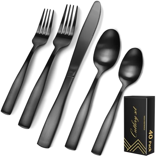 Matte Black Silverware Set for 8, 40-Piece 18/0 Brushed Finish Stainless Steel Cultery Set, Dishwasher Safe Modern Flatware Set for Daily Home Wedding Party Housewarming Serving For 8