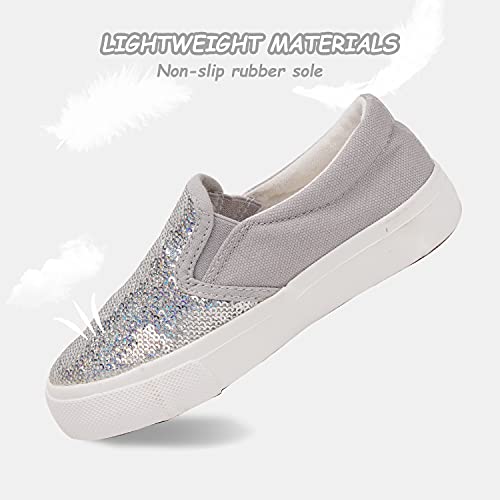Toandon Toddler Girls Canvas Loafer Shoes Slip On Sneakers Baby Kids Sequins Glimmer Glitter Sparkle Low Top Non Slip Rubber Sole Lightweight Breathable Walking Outdoor Fashion Casual Grey Size 11 #TOP5