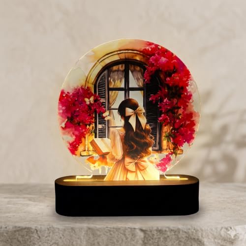 Image of Personalized Couple Photo Acrylic LED Lamp | Custom Romantic Night Light with Floral Artwork & Wooden Base | Anniversary, Wedding, Engagement, Valentine's Day Gift (Design 4)