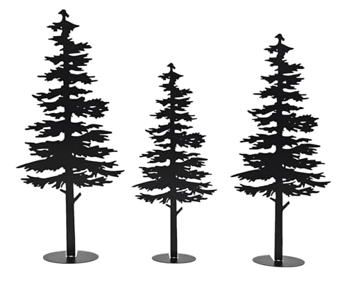 Farmhouse Metal Pine Tree Decor - Rustic Cabin Woodland Forest Accent Fireplace Centerpiece Living Room Bedroom Bookshelf Christmas Decorations Set of 3 (Black)