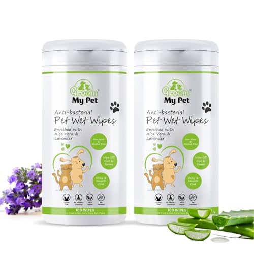 Image of Wet Wipes for Dog & Cat-100 Wipes | Enriched with Lavender & Aloevera Extract | Anti-Bacterial & Hypoallergenic | Dry Bath for Coat, Skin, Ears, Face, Butt & Paws | (Pack of 2)