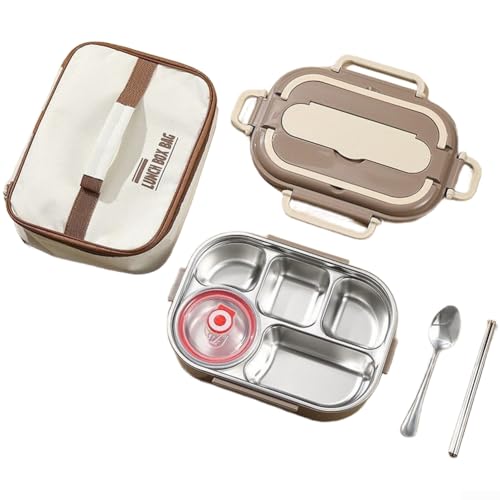 Lonchera de acero inoxidable para adultos, contenedor a prueba de fugas con compartimentos, juego de cubiertos para salsa, apto para microondas (E)