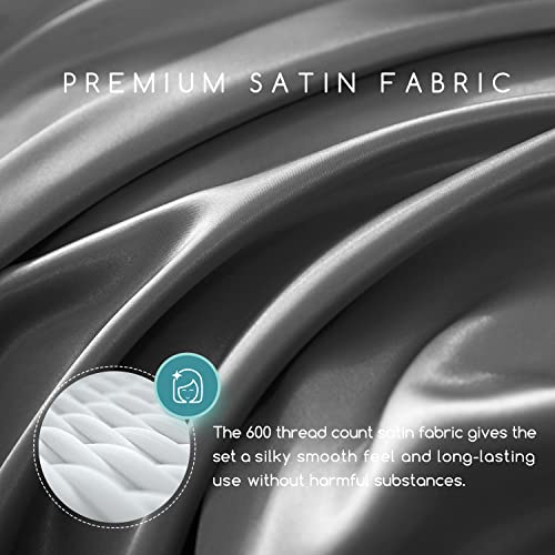 Image of MR&HM Satin Bed Sheets, Queen Size Sheets Set, 4 Pcs Silky Bedding Set with 15 Inches Deep Pocket for Mattress (Queen, Dark Grey)