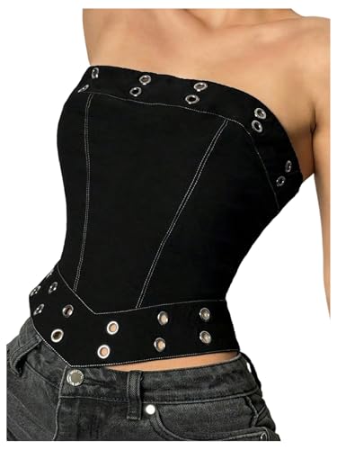 Floerns Women's Y2k Strapless Tube Tops Zip Back Hanky Hem Sleeveless Punk Crop Top