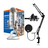Blue Yeti Microphone (Silver) with Boom Arm Stand, Shock Mount and Pop Filter Bundle (4 Items),USB