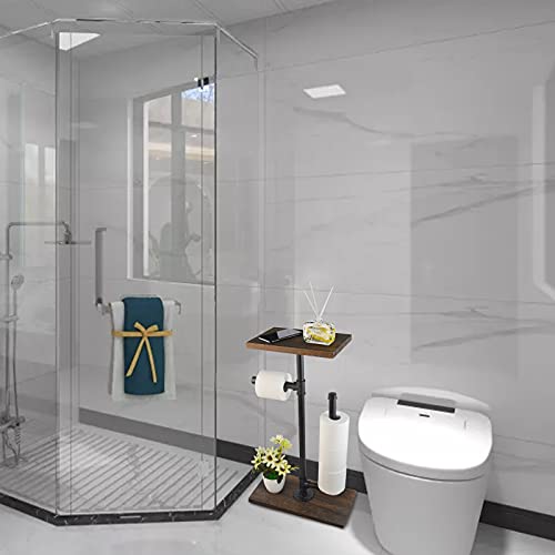 Toilet Paper Holder, Freestanding Tissue Paper Roll Holder Stand, Toilet Paper Storage Dispenser, Bathroom Accessories Tissue Holder With Rustic Wooden Storage Shelf And Cast Iron Pipe For Bathroom #TOP6