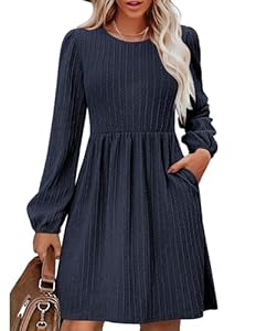 Zeagoo Langarm Kleid Damen Herbst Winter Strickkleid Knielang Herbstkleid Einfarbig Pllover Kleider Tunikakleid Navy Blau L