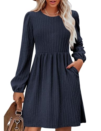 Zeagoo Langarm Kleid Damen Herbst Winter Strickkleid Knielang Herbstkleid Einfarbig Pllover Kleider Tunikakleid Navy Blau M