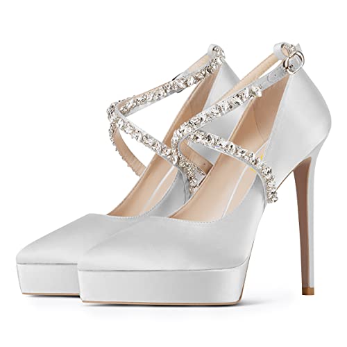 FSJ Women Closed Pointed Toe Stiletto High Heel Platform Pumps Cross Rhinestone Ankle Strap Wedding Evening Party Dress Shoes Size 4-15 US3